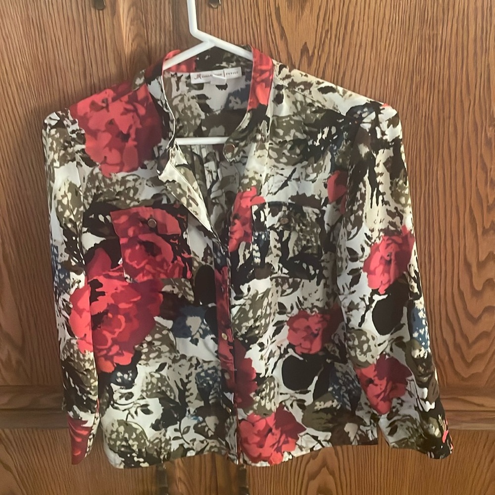 Red green black floral button front top